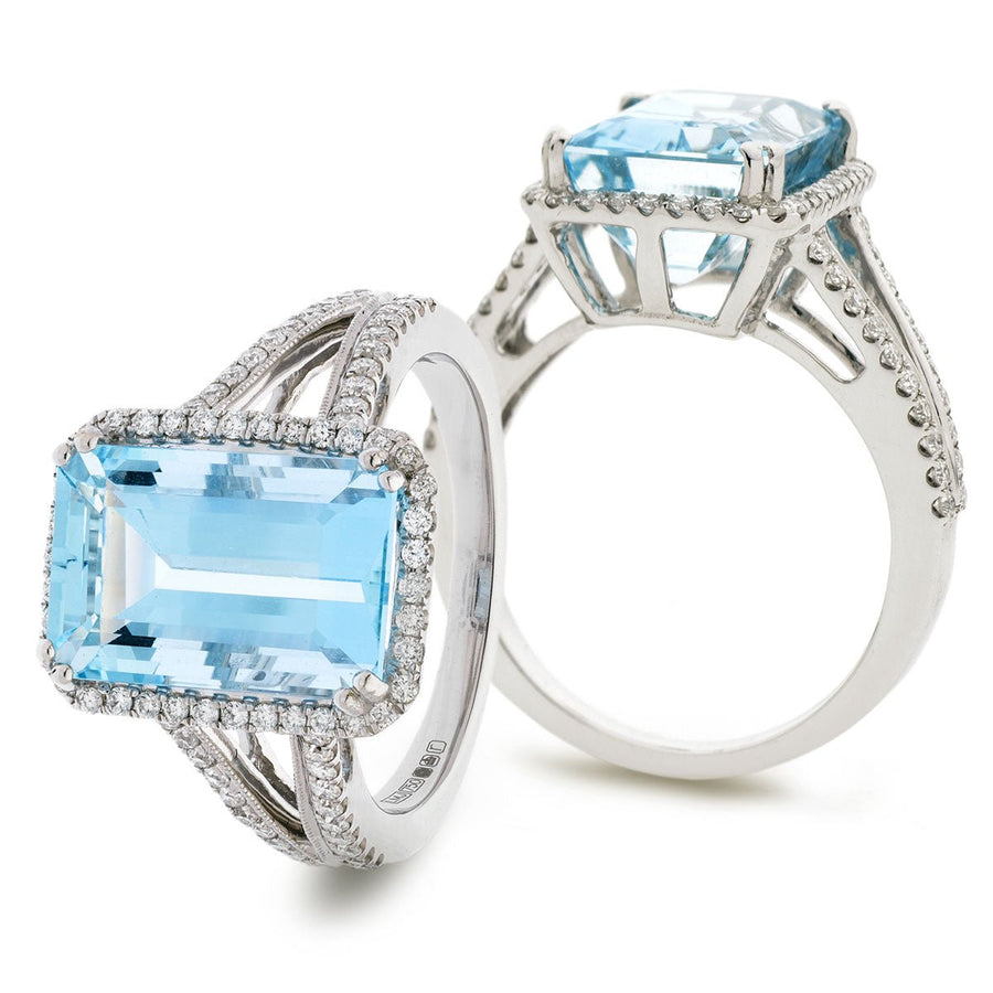 Aquamarine & Diamond Halo Ring 6.47ct F-VS Quality in 18k White Gold - My Jewel World