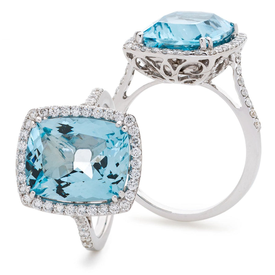 Aquamarine & Diamond Halo Ring 6.99ct F-VS Quality in 18k White Gold - My Jewel World