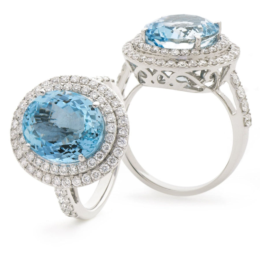 Aquamarine & Diamond Halo Ring 7.08ct F-VS Quality in 18k White Gold - My Jewel World