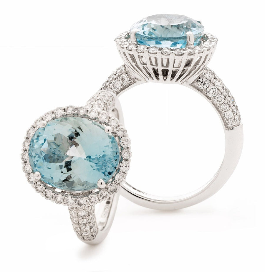 Aquamarine & Diamond Halo Ring 7.35ct F-VS Quality in 18k White Gold - My Jewel World