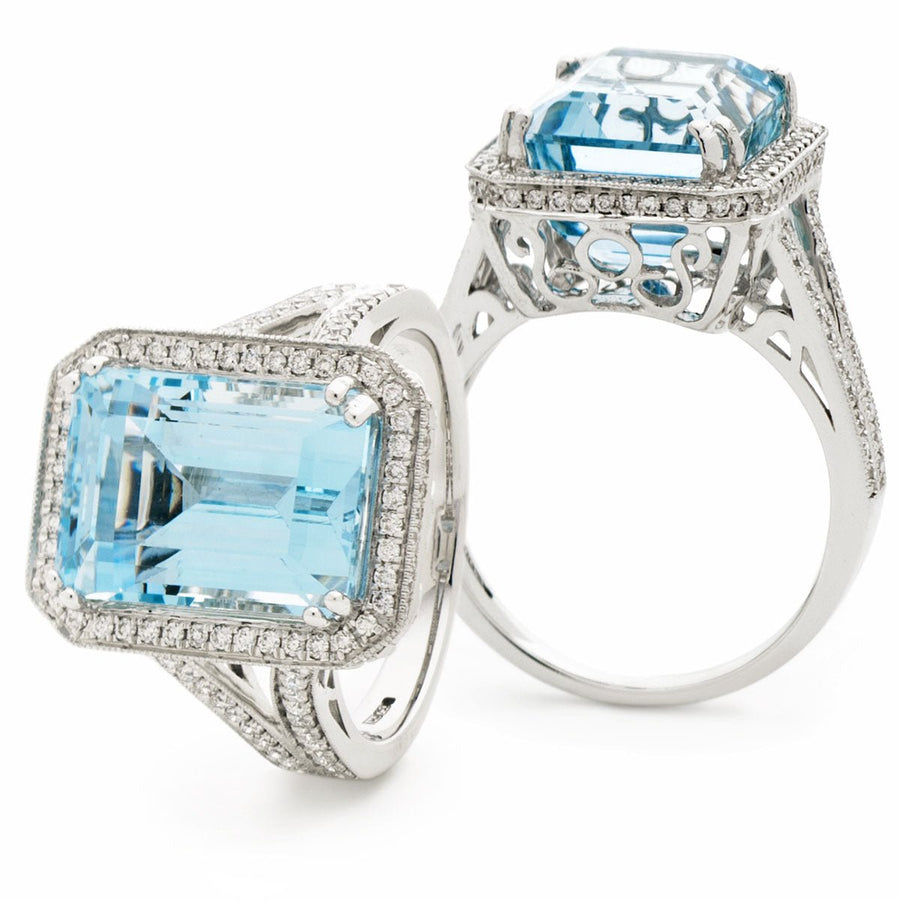 Aquamarine & Diamond Halo Ring 9.54ct F-VS Quality in 18k White Gold - My Jewel World