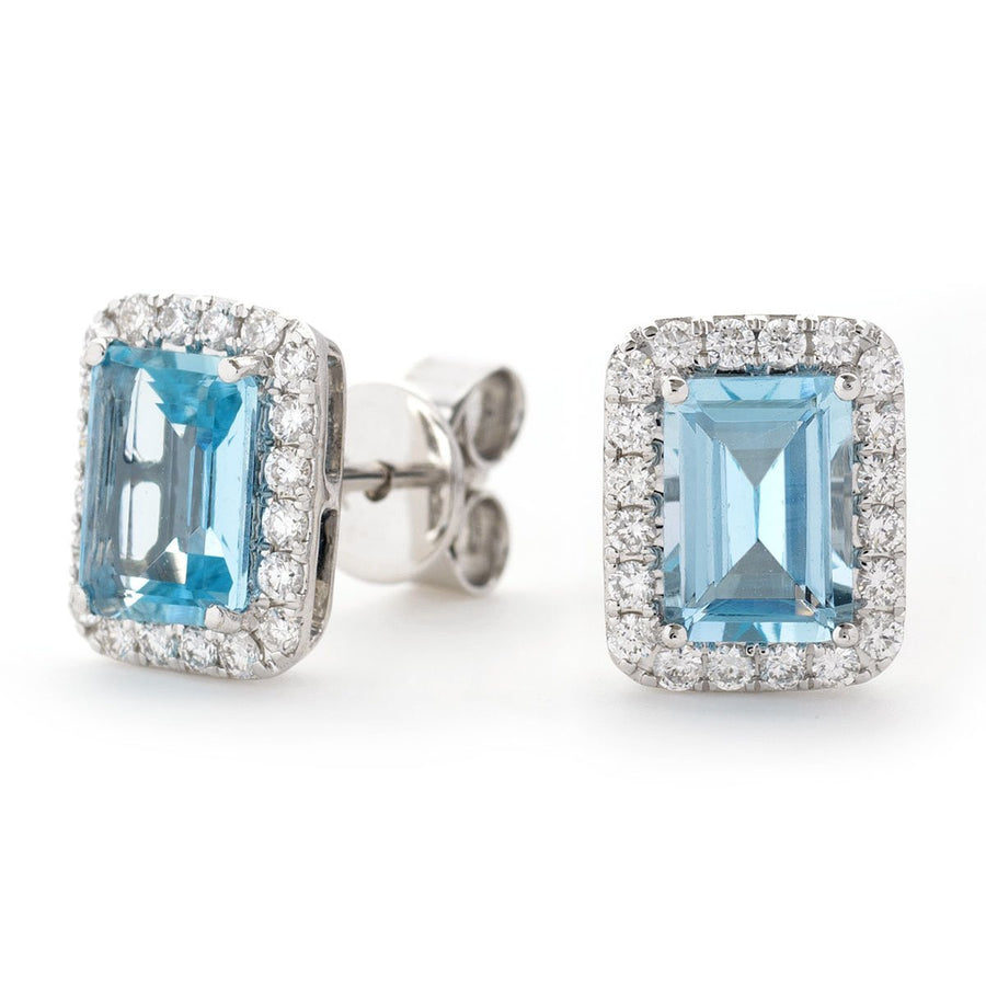 Aquamarine & Diamond Rectangle Cluster Earrings 2.03ct in 18k White Gold