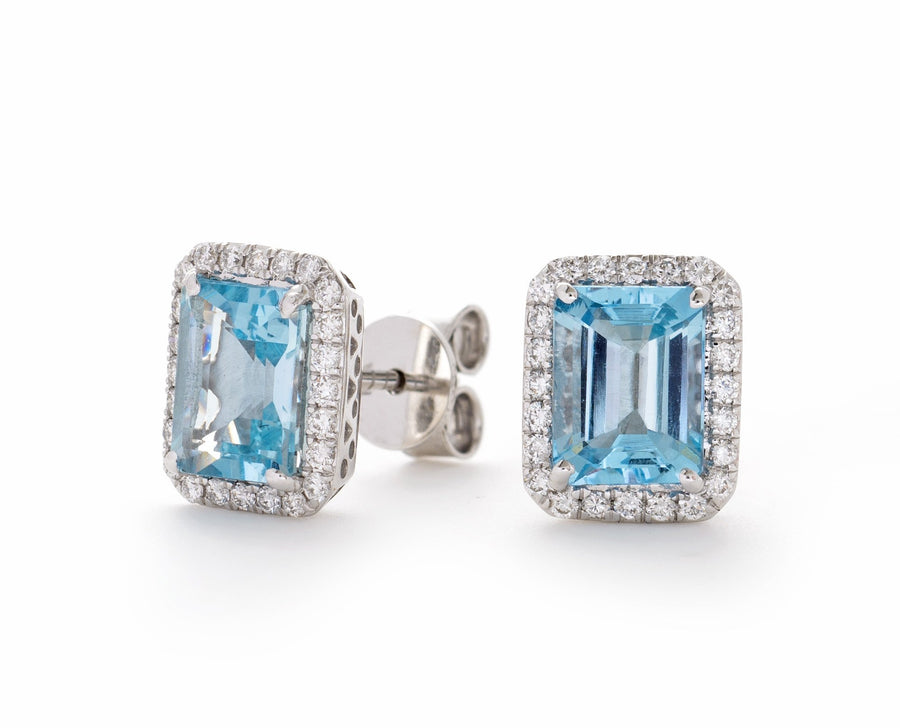 Aquamarine & Diamond Rectangle Cluster Earrings 2.85ct in 18k White Gold - My Jewel World