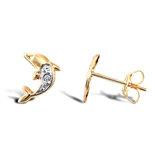 Childern 9ct Yellow Gold CZ Dolphin Stud Earrings - My Jewel World