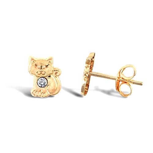 Childern 9ct Yellow Gold CZ Solitaire Kitten Cat Stud Earrings - My Jewel World