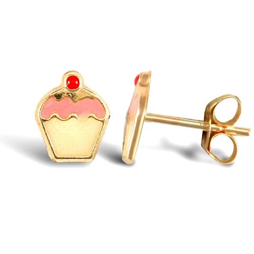 Childern 9ct Yellow Gold Enamel Cup Cake Stud Earrings - My Jewel World