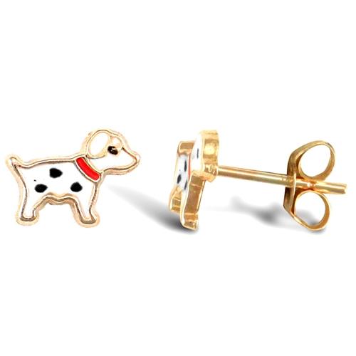 Childern 9ct Yellow Gold Enamel Dalmatian Dog Stud Earrings - My Jewel World