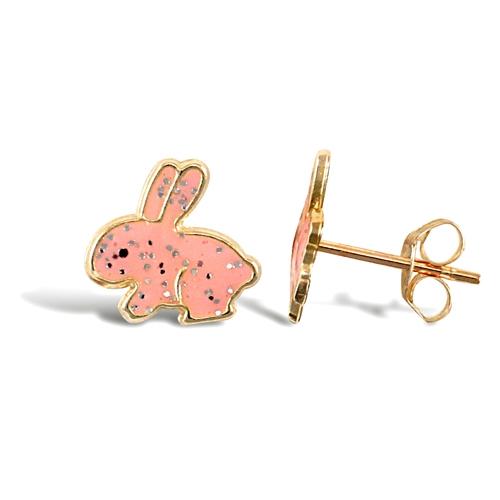 Childern 9ct Yellow Gold Pink Enamel Bunny Rabbit Stud Earrings - My Jewel World