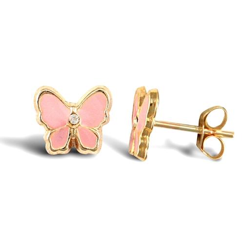 Childern 9ct Yellow Gold Pink Enamel Butterfly Stud Earrings - My Jewel World