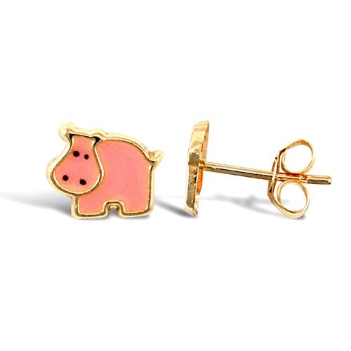 Childern 9ct Yellow Gold Pink Enamel Hippo Stud Earrings - My Jewel World