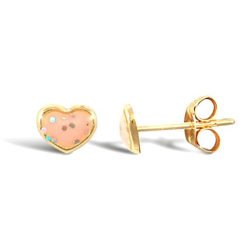 Childern 9ct Yellow Gold Pink Enamel Love Heart Stud Earrings - My Jewel World