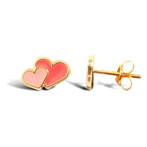Childern Pink Enamel Love Heart Stud Earrings 9ct Yellow Gold - My Jewel World