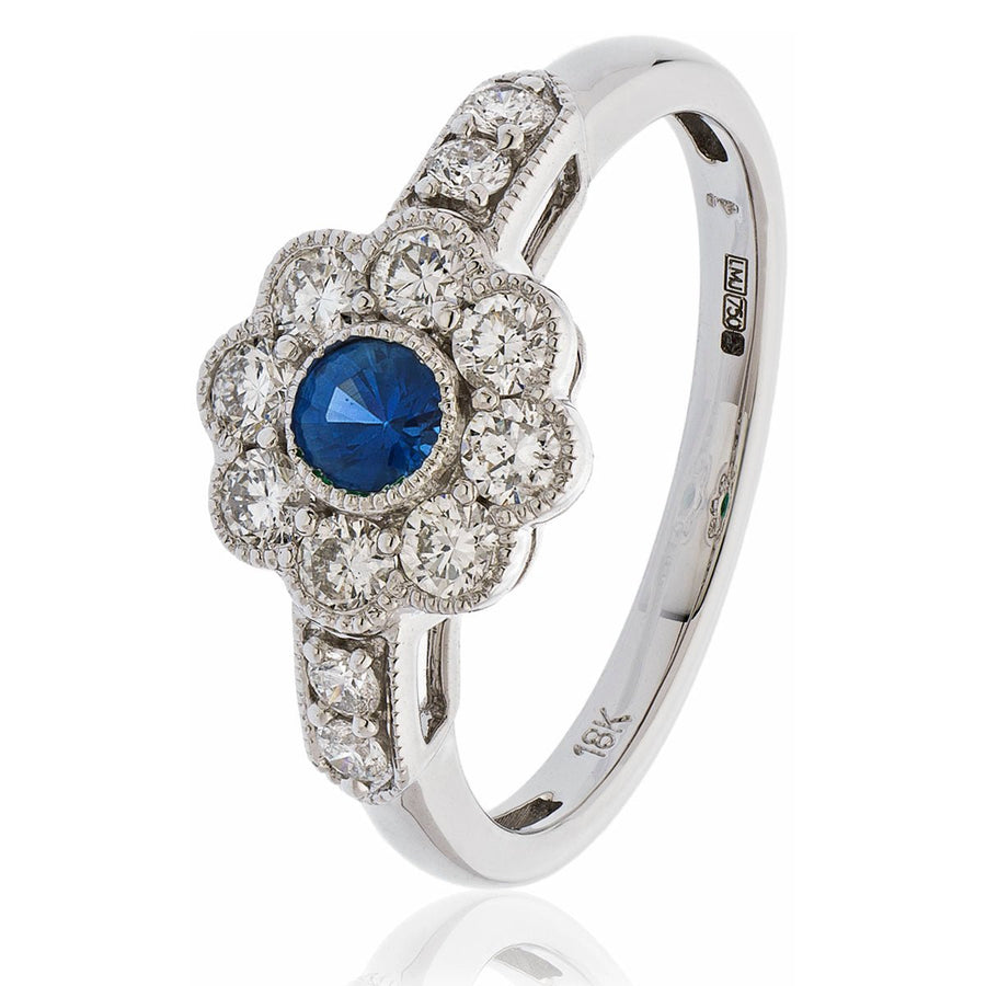 Cluster Sapphire & Diamond Ring 0.70ct F-VS Quality in 18k White Gold - My Jewel World