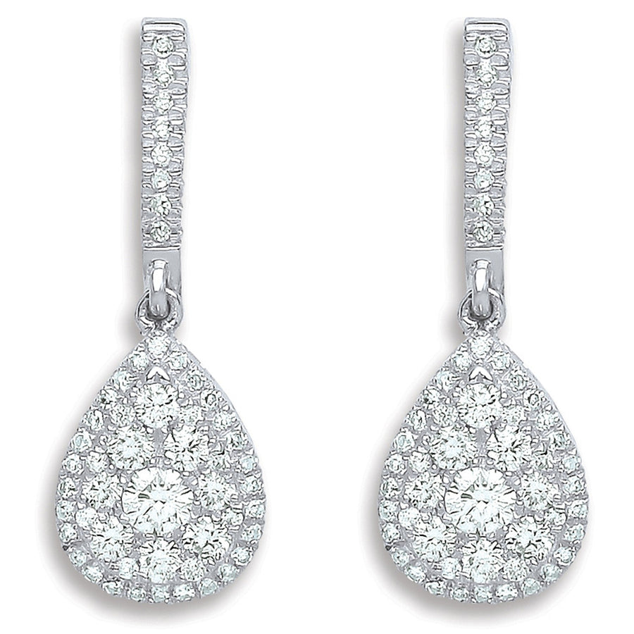 Diamond Cluster Halo Drop Earrings 0.75ct H-SI Quality 18K White Gold - My Jewel World