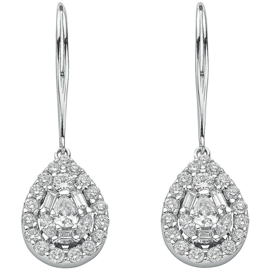 Diamond Cluster Halo Drop Earrings 1.70ct H-SI Quality 18K White Gold - My Jewel World