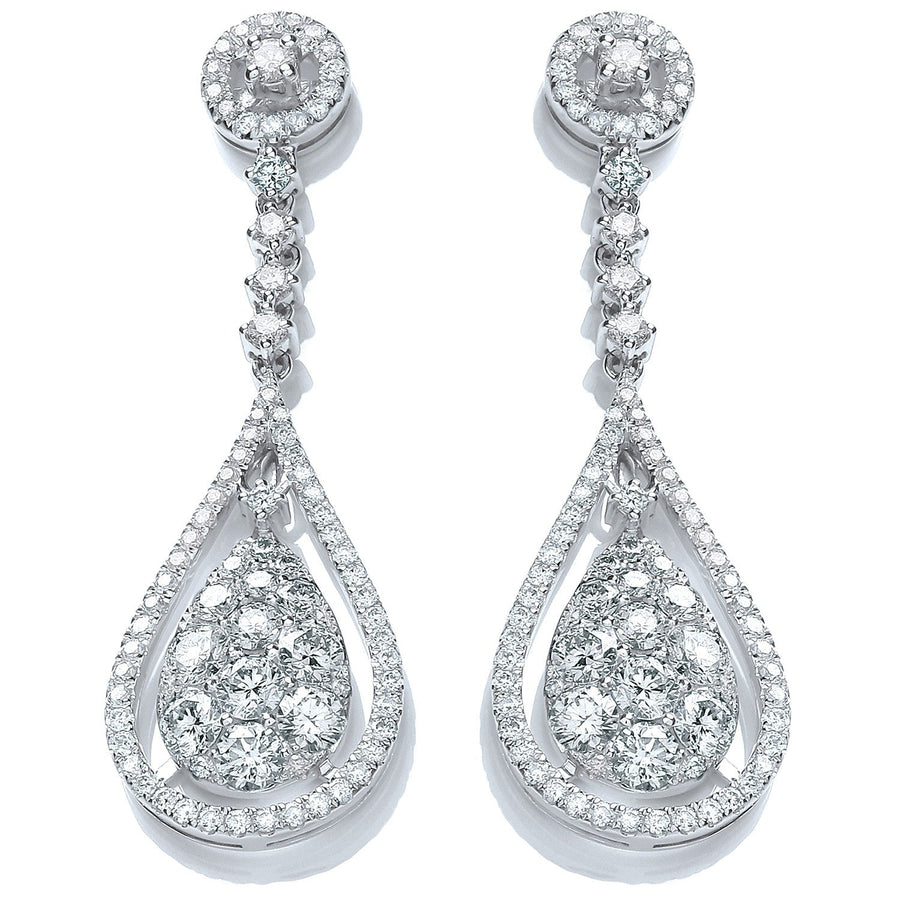 Diamond Cluster Halo Drop Earrings 3.30ct H-SI Quality 18K White Gold - My Jewel World