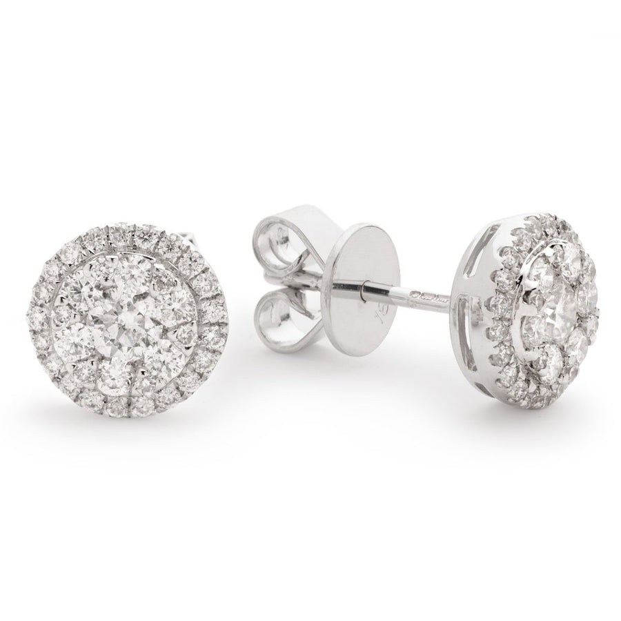 Diamond Cluster Halo Earrings 0.85ct F VS Quality in 18k White Gold - My Jewel World