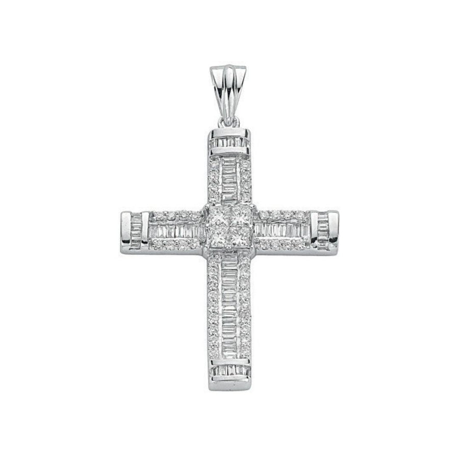 Diamond Cross Pendant Necklace 1.52ct H-VS in 18K White Gold - My Jewel World