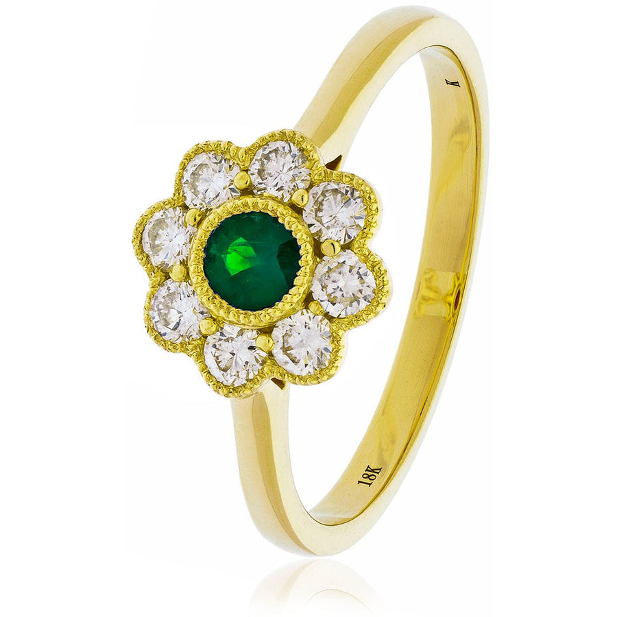 Diamond & Emerald Cluster Ring 0.65ct F-VS Quality in 18k Yellow Gold - My Jewel World