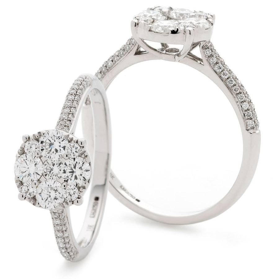 Diamond Halo Cluster Ring 0.80ct F-VS Quality in 18k White Gold - My Jewel World