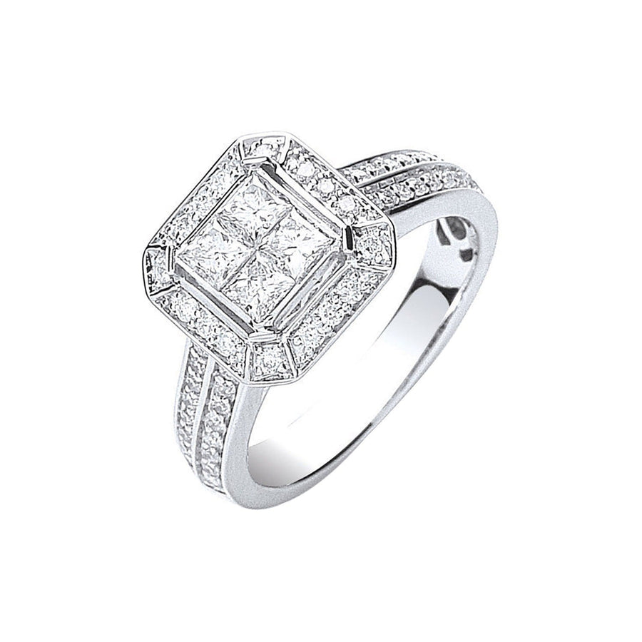 Diamond Halo Cluster Ring 1.00ct H-SI Quality in 18K White Gold - My Jewel World