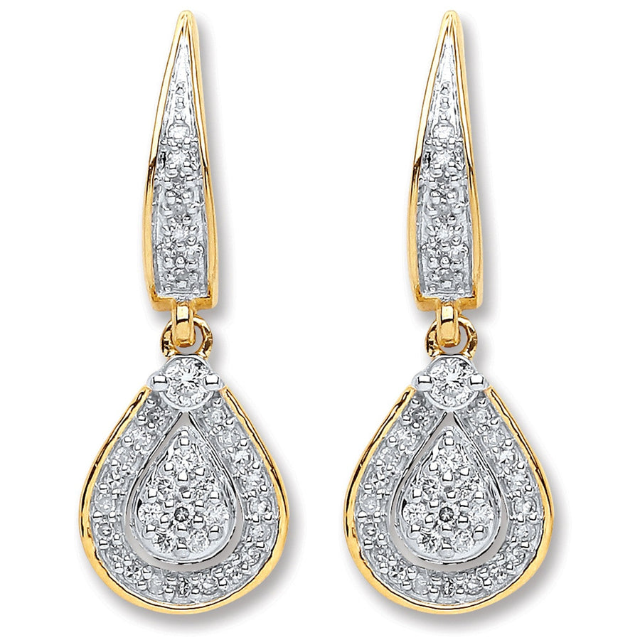 Diamond Halo Drop Earrings 0.25ct H-SI Quality 9K Set in Yellow Gold - My Jewel World