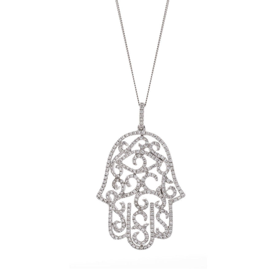 Diamond Hamsa Pendant Necklace 0.80ct F VS Quality in 18k White Gold - My Jewel World