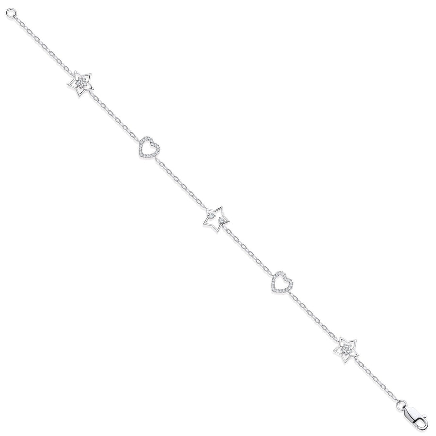 Diamond Heart & Star Bracelet 7.5 Inch 0.20ct H-SI in 9K White Gold - My Jewel World