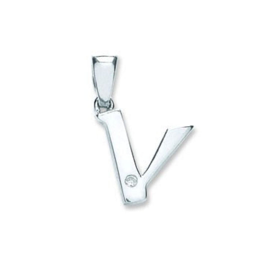 Diamond Initial V Pendant Necklace 0.01ct H-SI in 9K White Gold - My Jewel World