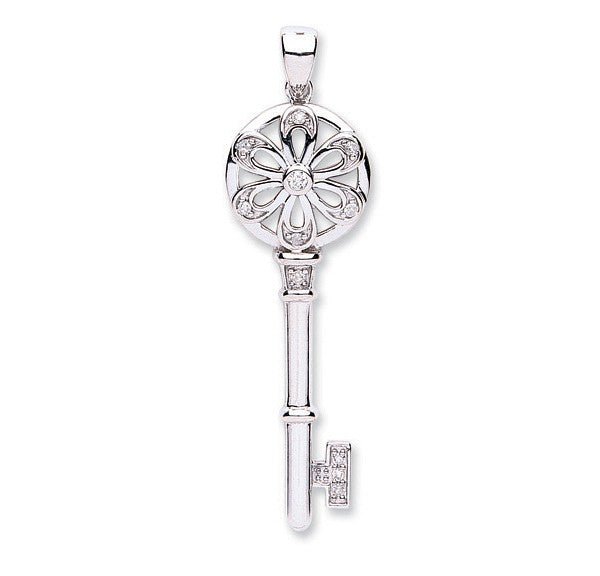 Diamond Key Pendant Necklace 0.11ct H-SI in 9K White Gold - My Jewel World