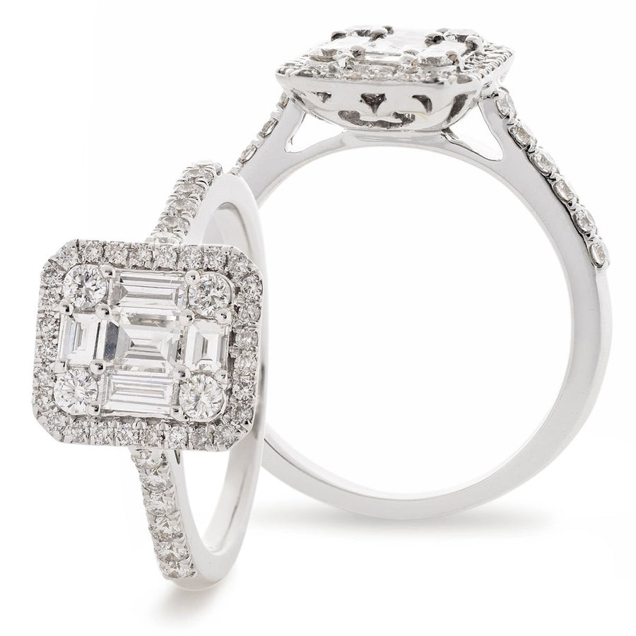 Diamond Rectangle Halo Cluster Ring 0.85ct F-VS Quality 18k White Gold - My Jewel World