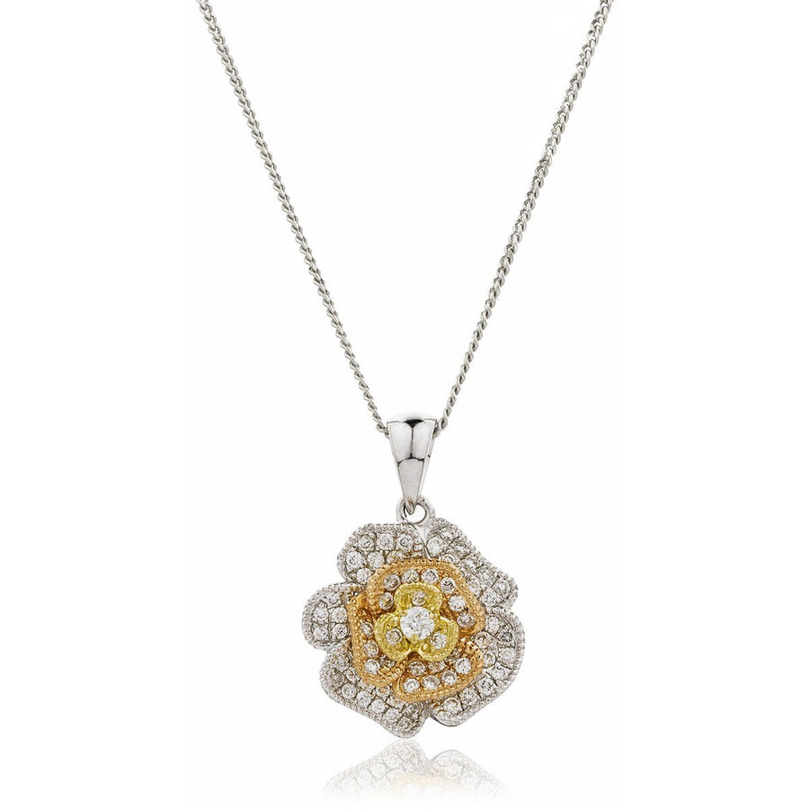 Diamond Rose Pendant Necklace 0.25ct F VS Quality in 18k 3 Tone Gold - My Jewel World