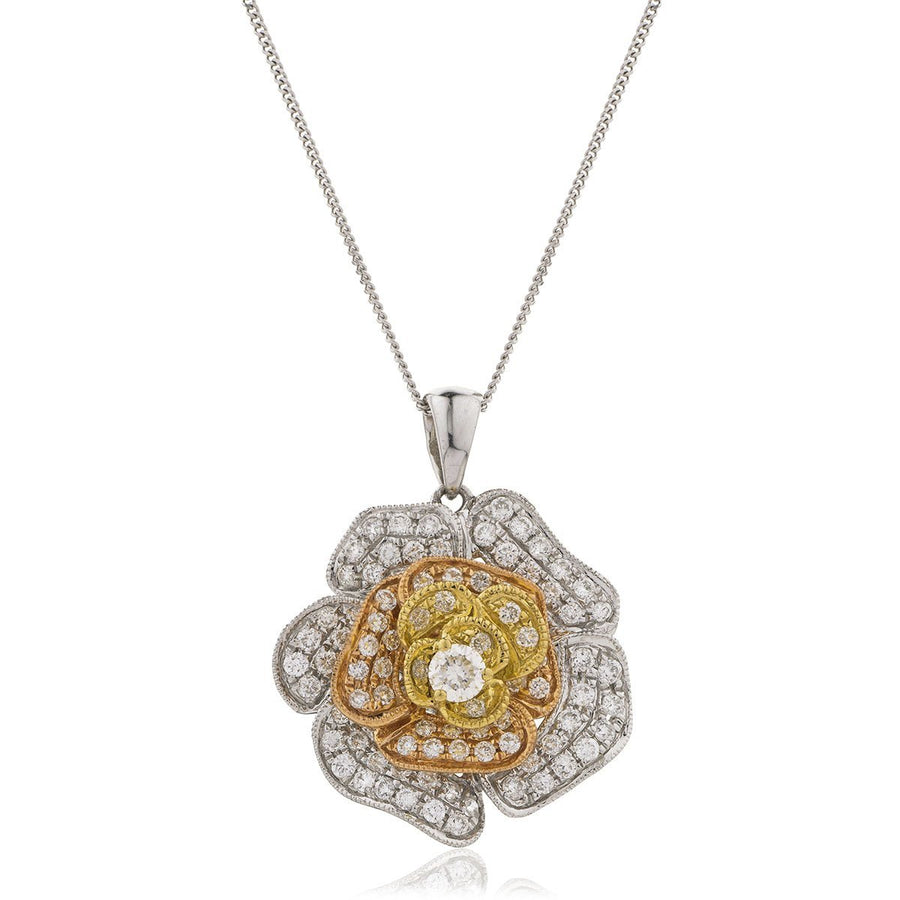 Diamond Rose Pendant Necklace 0.60ct F VS Quality in 18k 3 Tone Gold - My Jewel World