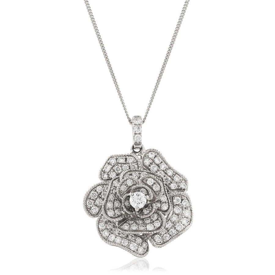 Diamond Rose Pendant Necklace 0.60ct F VS Quality in 18k White Gold - My Jewel World