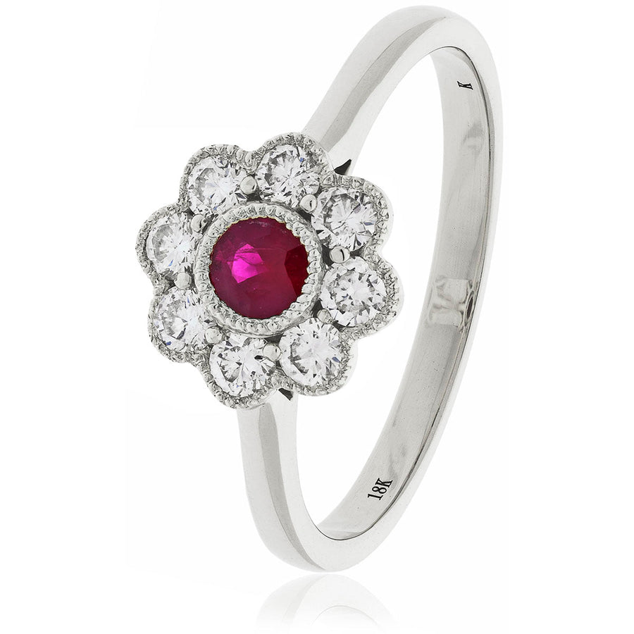 Diamond & Ruby Cluster Ring 0.65ct F-VS Quality in 18k White Gold - My Jewel World