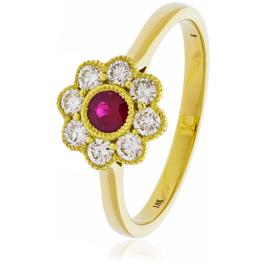Diamond & Ruby Cluster Ring 0.65ct F-VS Quality in 18k Yellow Gold - My Jewel World