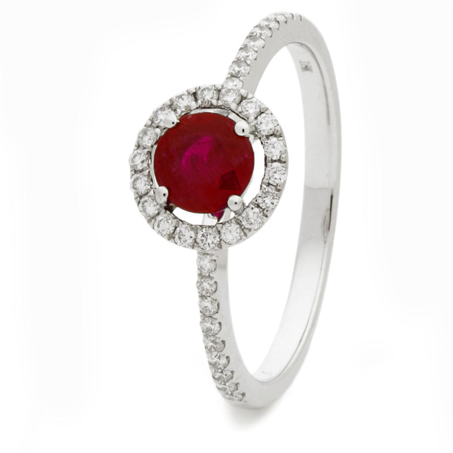 Diamond & Ruby Halo Engagement Ring 0.80ct F-VS Quality 18k White Gold - My Jewel World