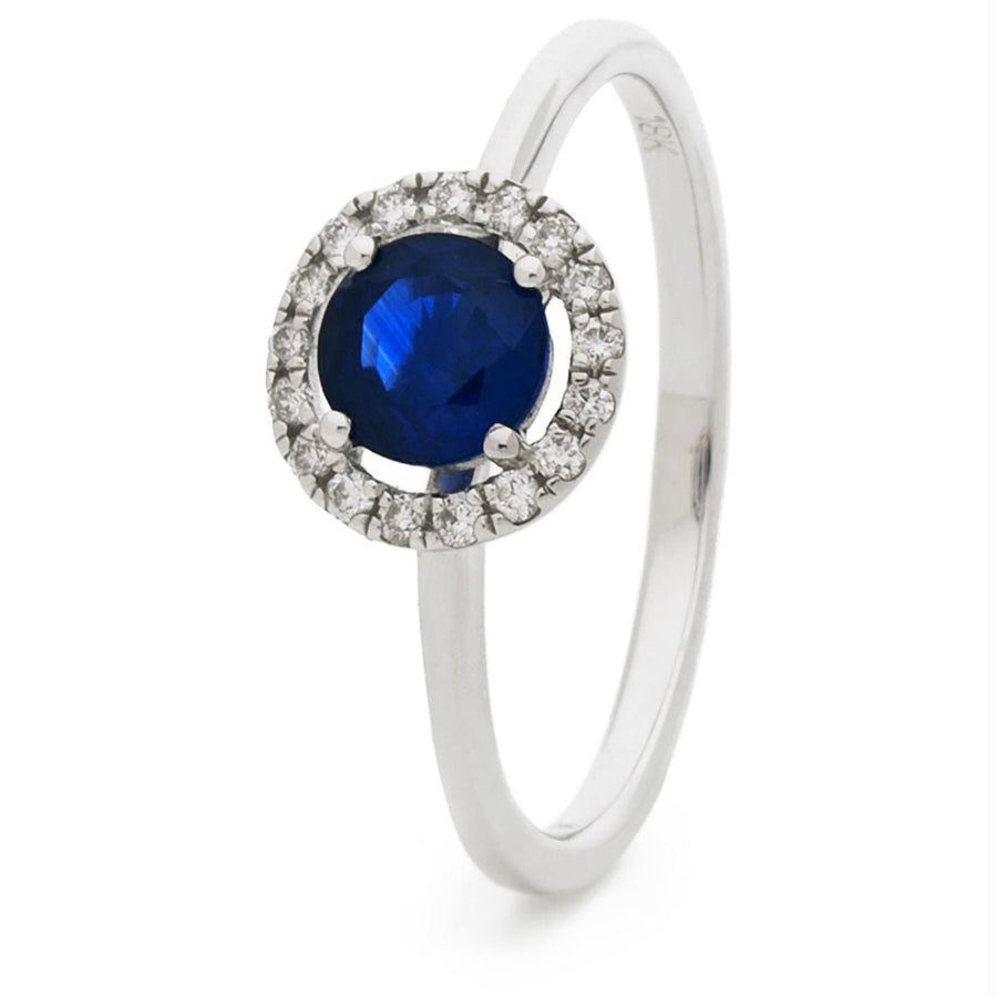 Diamond & Sapphire Halo Ring 0.75ct F-VS Quality in 18k White Gold - My Jewel World