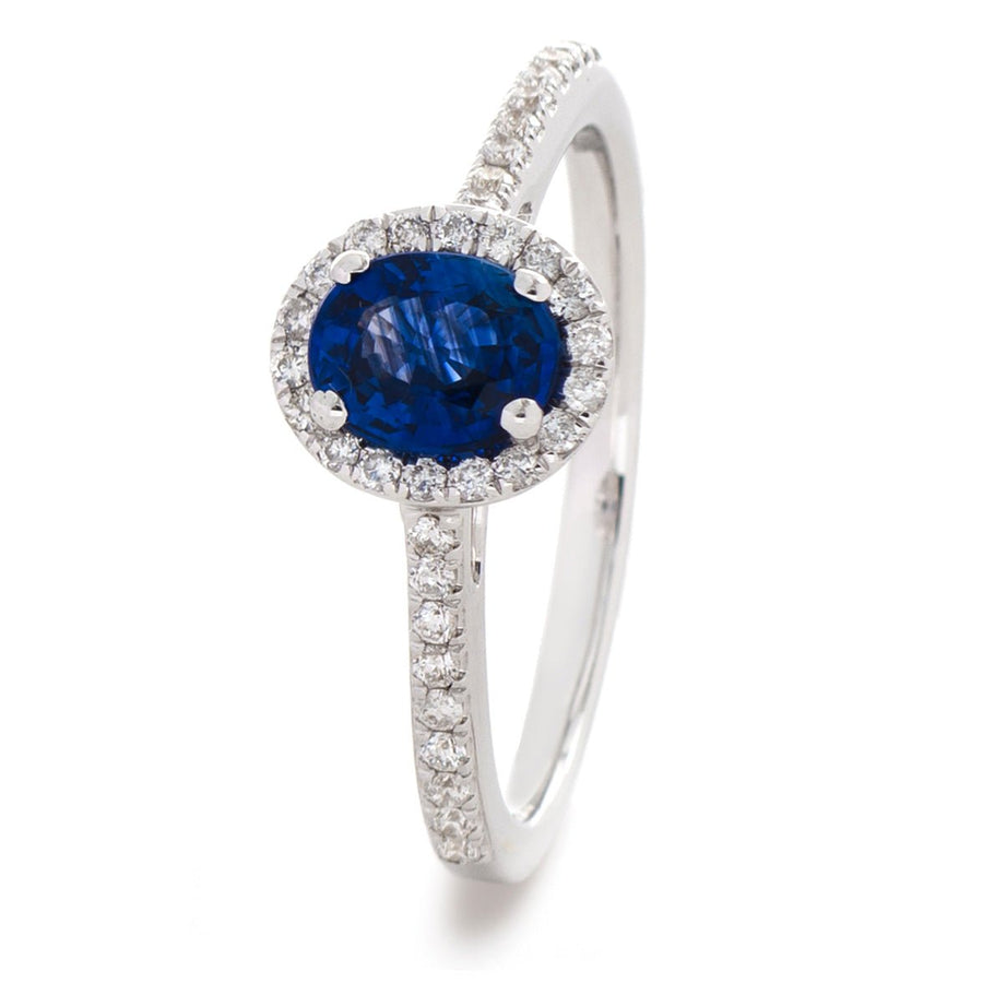 Diamond & Sapphire Halo Ring 1.10ct F-VS Quality in 18k White Gold - My Jewel World