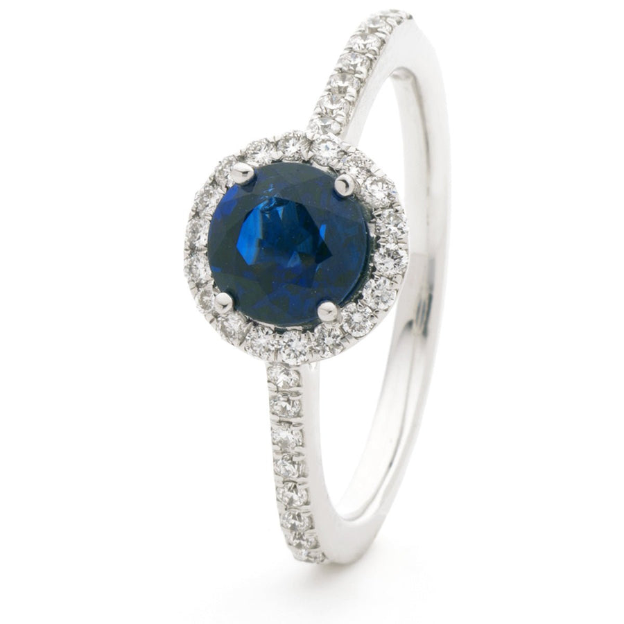 Diamond & Sapphire Halo Ring 1.30ct F-VS Quality in 18k White Gold - My Jewel World