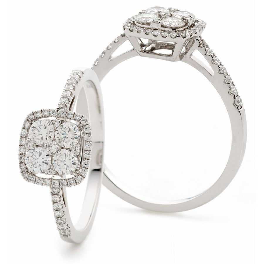 Diamond Square Halo Cluster Ring 0.60ct F-VS Quality in 18k White Gold - My Jewel World