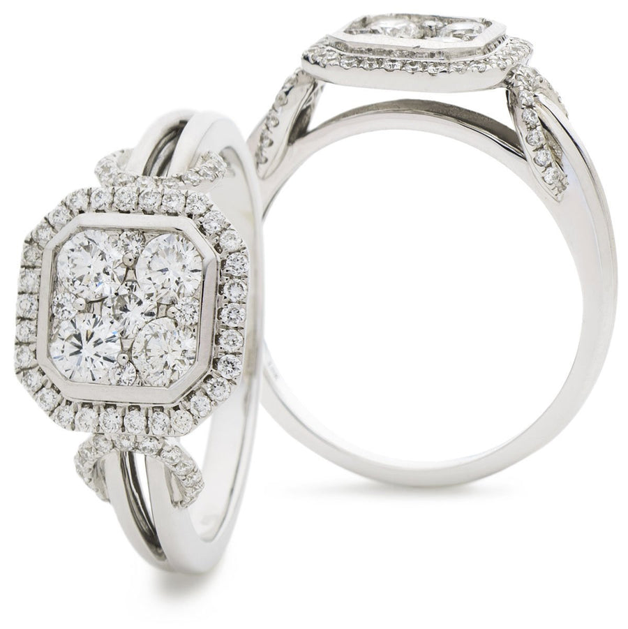 Diamond Square Halo Cluster Ring 0.85ct F-VS Quality in 18k White Gold - My Jewel World