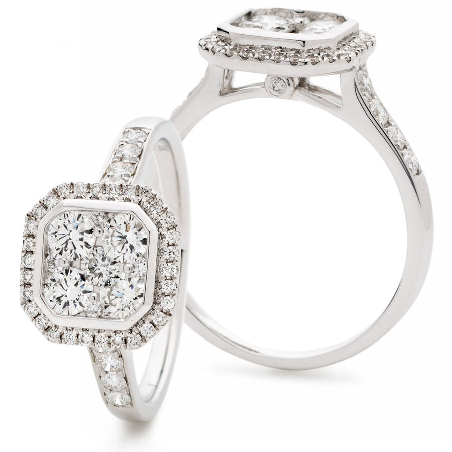 Diamond Square Halo Cluster Ring 0.95ct F-VS Quality in 18k White Gold - My Jewel World