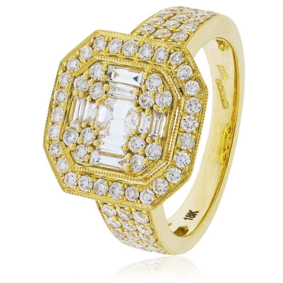 Diamond Square Halo Cluster Ring 1.33ct F-VS Quality 18k Yellow Gold - My Jewel World