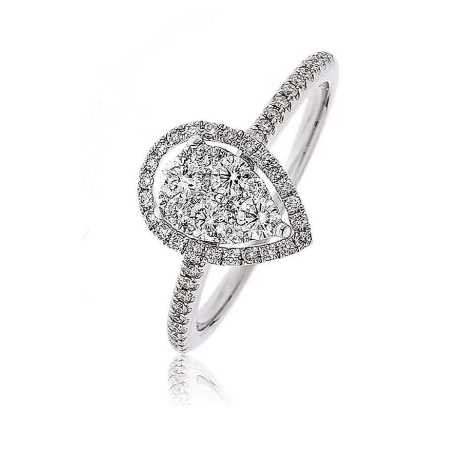 Diamond Tear Drop Halo Cluster Ring 0.50ct F-VS Quality 18k White Gold - My Jewel World