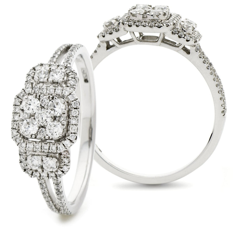 Diamond Trilogy Halo Cluster Ring 0.50ct F-VS Quality 18k White Gold - My Jewel World