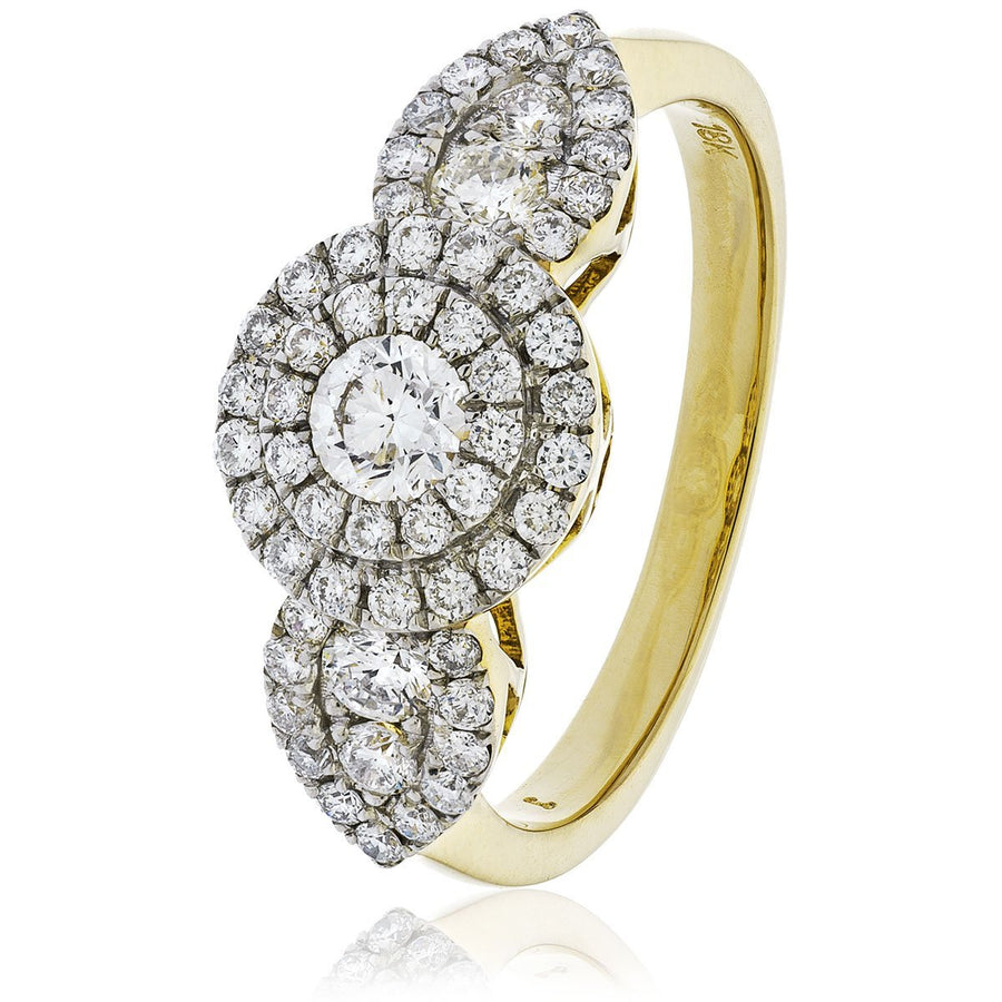 Diamond Trilogy Halo Cluster Ring 0.60ct F-VS Quality 18k Yellow Gold - My Jewel World