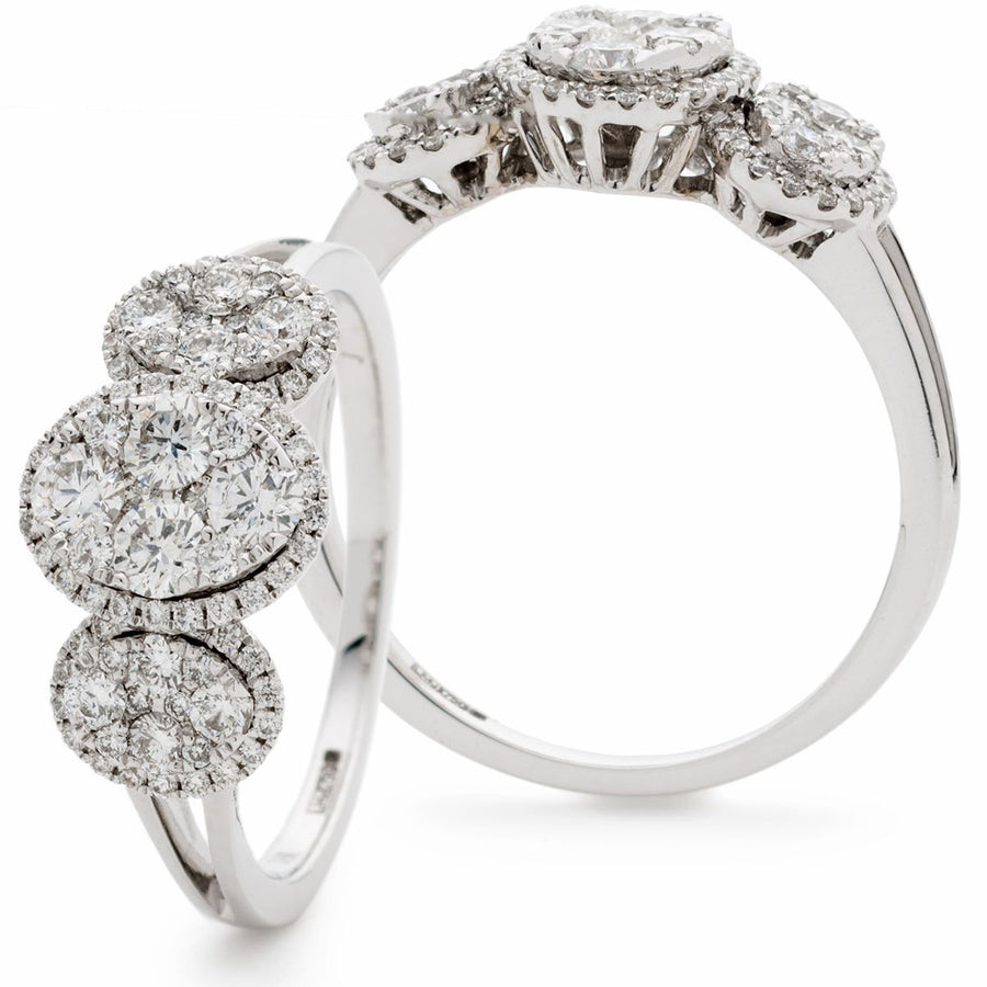 Diamond Trilogy Halo Cluster Ring 0.80ct F-VS Quality 18k White Gold - My Jewel World