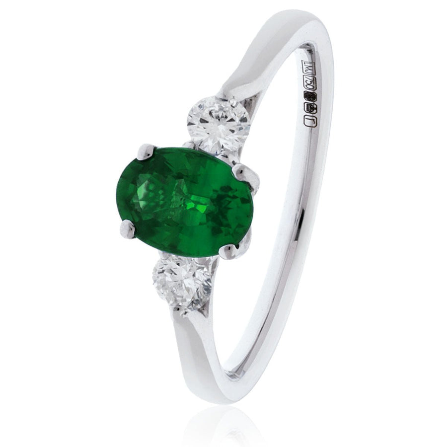 Emerald & Diamond 3 Stone Ring 0.60ct F-VS Quality in 18k White Gold - My Jewel World