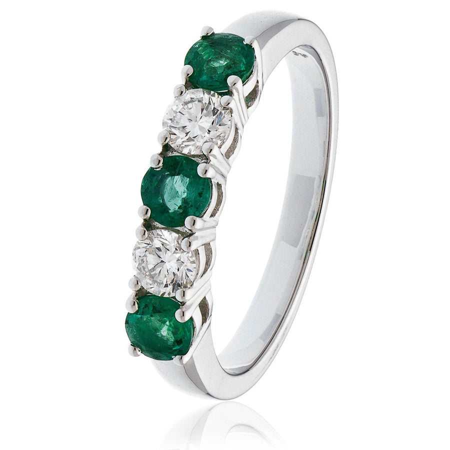 Emerald & Diamond 5 Stone Ring 0.75ct F-VS Quality in 18k White Gold - My Jewel World